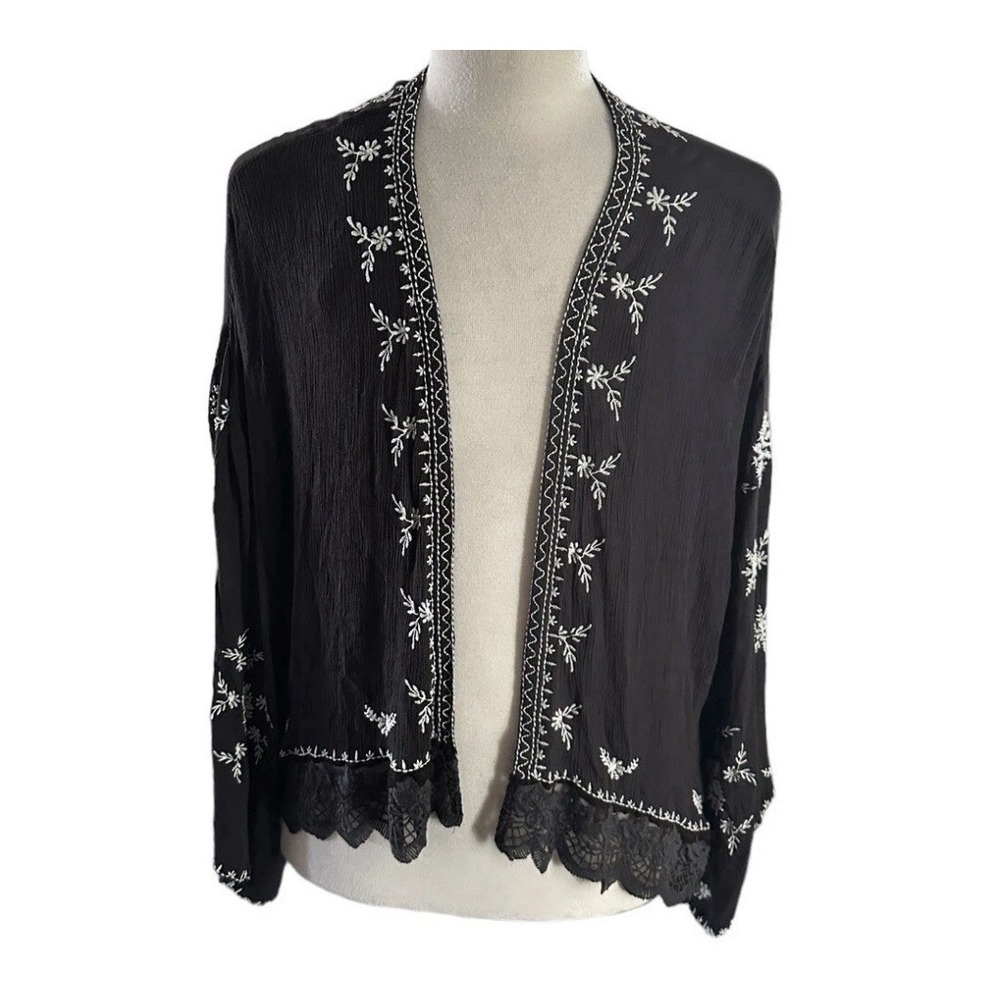 Free People Cross Stitch Embroidery Flowers Women's Black Cardigan On Size